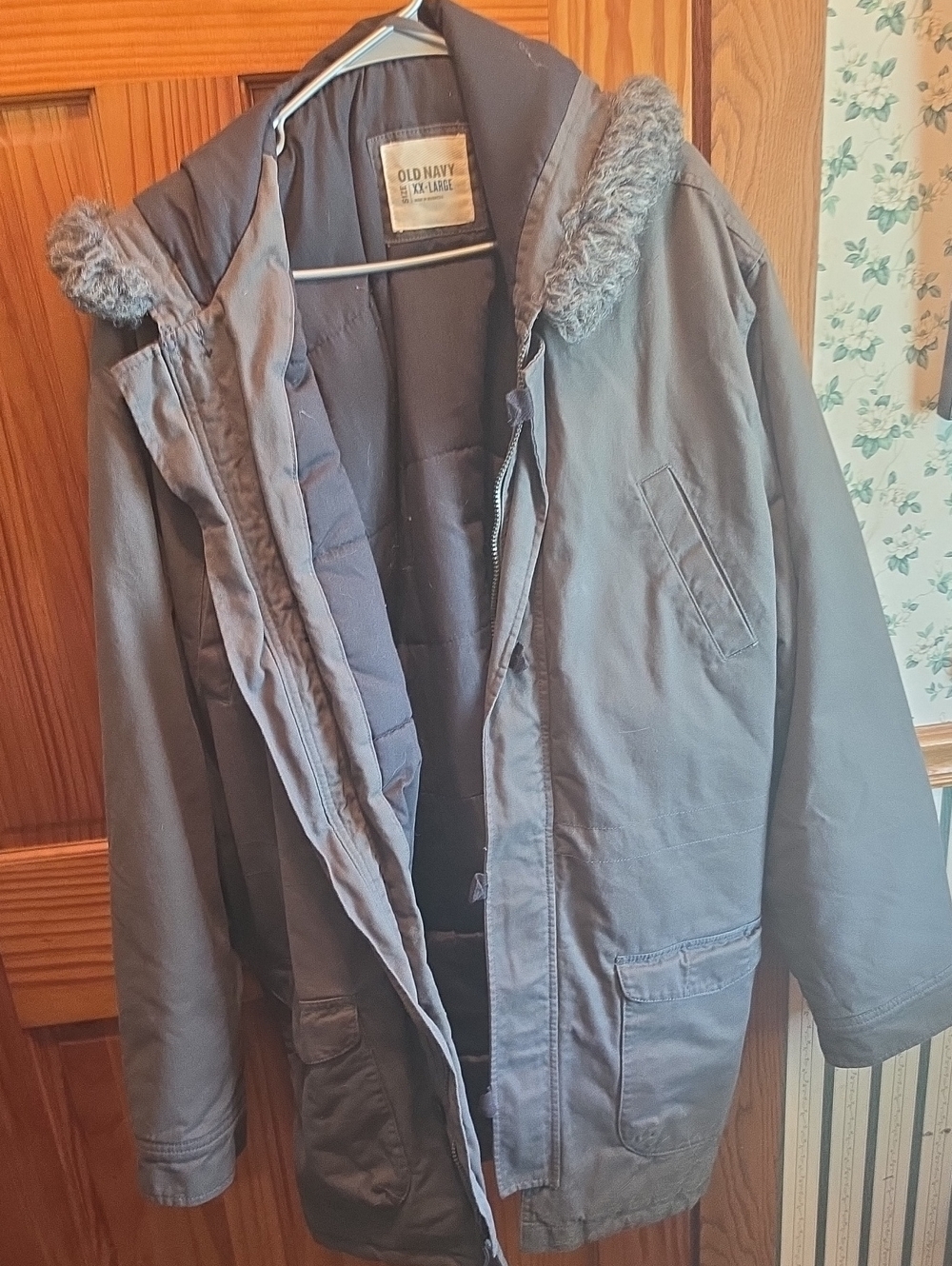 Old Navy Men's Dark Gray Hooded Field Coat with Faux Fur Trim